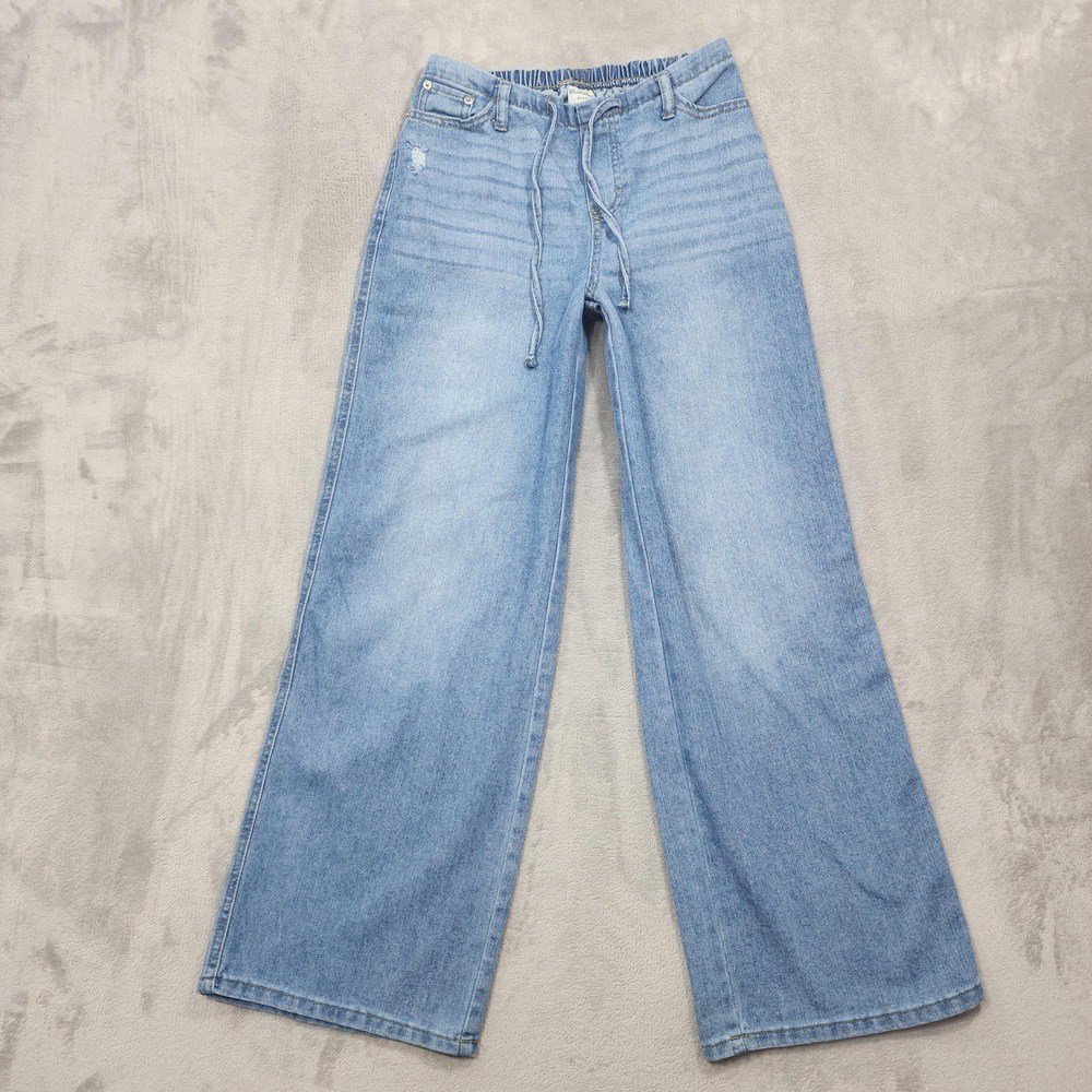 No Boundaries Jeans Womens XS Blue Pull On Wide Leg Drawstring Stretch Denim